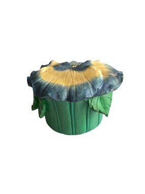 Vtg Russ Hand-Painted Flower Trinket Box With Lid Green & Blue-Yellow Floral
